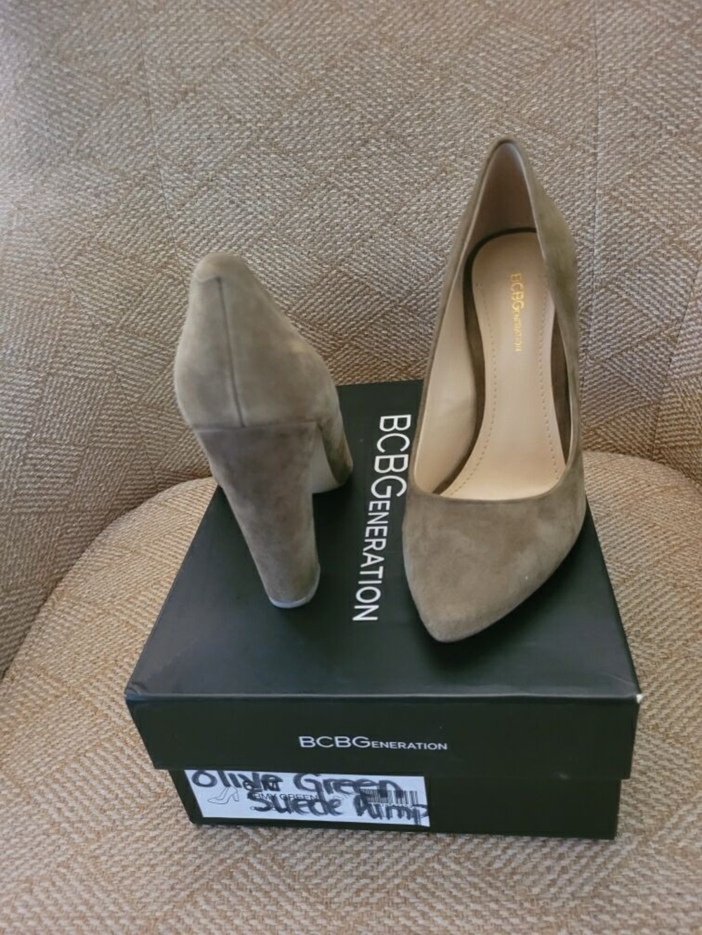 BCBGeneration Olive Suede Pointed-Toe Block Heels